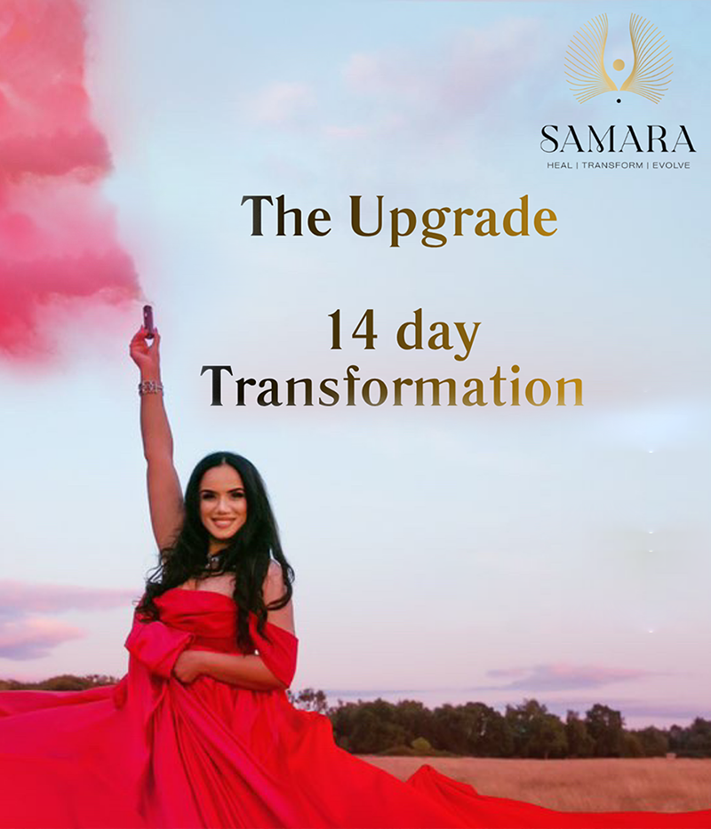 Woman in a red dress holding a pink smoke device with 'Samara' branding and text about a 14-day program for those seeking an energetic reset.