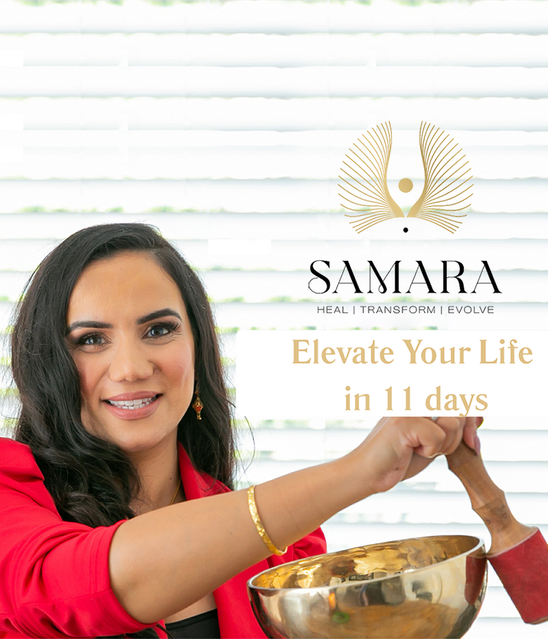 Woman holding a singing bowl with 'SAMARA' branding and text on a white background - Course name how to elevate your life in 11 days is showing on the image