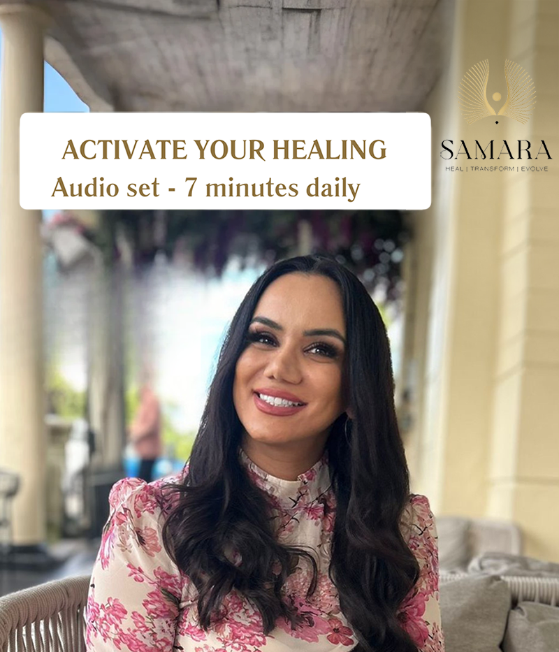 Woman sitting outdoors with promotional text for 'Activate Your Healing' audio meditation set by Samara.