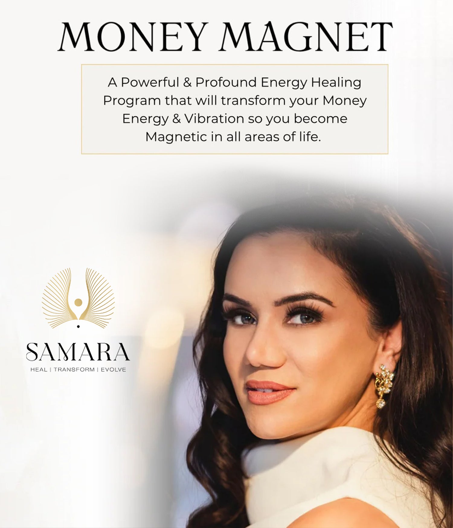 Meena Samara, founder of the Money Magnet energy healing programme, smiling against a soft light background