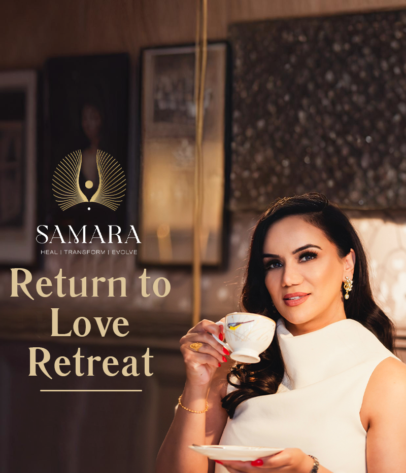 Woman holding a tea cup with 'SAMARA Return to Love Retreat' text overlay.
