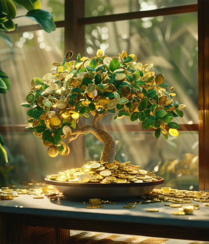 Bonsai tree with gold coins on a table inside a greenhouse to help unlock abundance